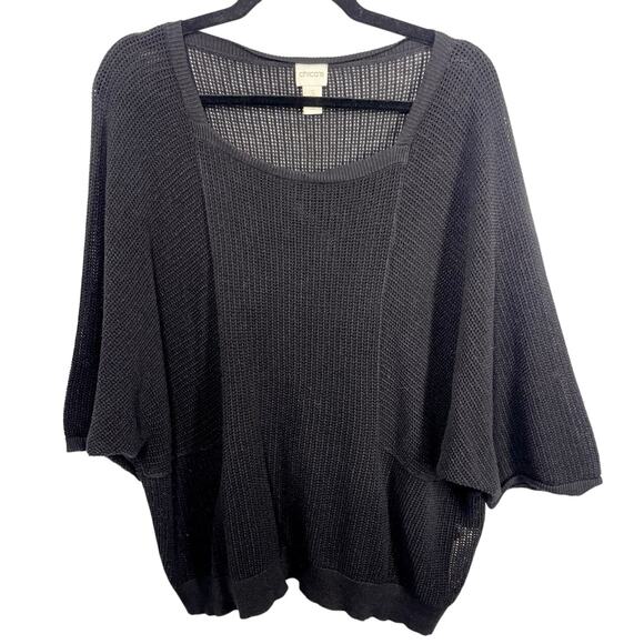 Chico's Size 3(XL/XXL), Black Open Knit Pullover Sweater, Sheer Square Neck - Picture 1 of 7